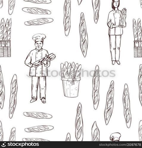 Hand-drawn french baguette bread set. Baguette in a basket, bakers with bread. Vector seamless pattern.. French baguette bread set. Vector pattern.