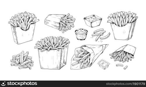 Hand drawn French fries. Fast food menu. Potato in cardboard boxes and paper bags with sauce. Fried meal dips engraving sketch elements. Unhealthy fat nutrition. Vector isolated takeaway snacks set. Hand drawn French fries. Fast food menu. Potato in cardboard boxes and paper bags with sauce. Fried meal dips engraving sketch. Unhealthy nutrition. Vector isolated takeaway snacks set