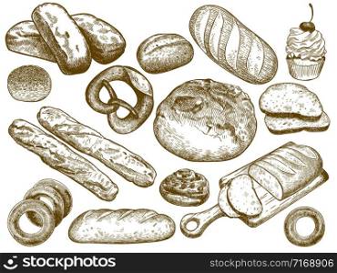 Hand drawn fresh bread. Sesame bun, pretzel and french loaf. Sketch bakery breads vector illustration set. Bundle of monochrome drawings of tasty homemade baked products in elegant engraving style.. Hand drawn fresh bread. Sesame bun, pretzel and french loaf. Sketch bakery breads vector illustration set