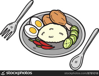 Hand Drawn fried chicken rice or Thai food illustration isolated on background