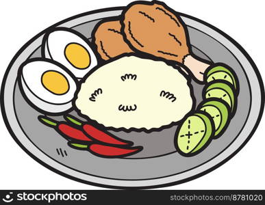 Hand Drawn fried chicken rice or Thai food illustration isolated on background