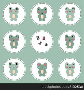 Hand drawn frogling stickers collection. Perfect for story highlight, posters and print. Cartoon style vector set of nine cute frog baby.