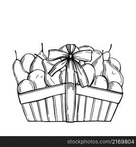 Hand-drawn fruit basket with apples, pears and bow on white background. Vector sketch illustration.. Fruit basket with apples and pears . Vector illustration.