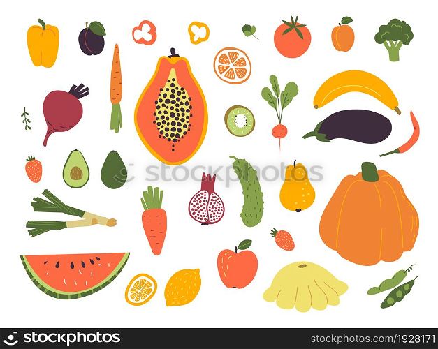 Hand drawn fruits and vegetables. Tropical fruit, fresh food doodle style. Colorful lemon, watermelon and banana. Harvest classy vector elements. Fruit healthy and vegetable drawing, lemon and banana. Hand drawn fruits and vegetables. Tropical fruit, fresh food doodle style. Colorful lemon, watermelon and banana. Harvest classy vector elements