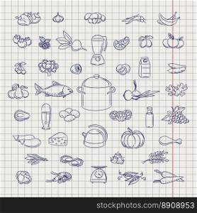 Hand drawn fruits berries and vegetables. Popular hand drawn fruits berries vegetable and grocery objects. Ball pen imitation vector
