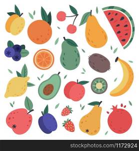 Hand drawn fruits. Doodle harvest, citrus, avocado and apple, natural vegan sweet summer fruits. Tropical organic fruit, delicious kitchen food. Isolated signs vector illustration set. Hand drawn fruits. Doodle harvest, citrus, avocado and apple, natural vegan sweet summer fruits. Tropical organic fruit, delicious kitchen food vector illustration set