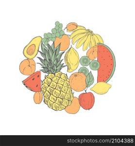 Hand drawn fruits in circle. Vector sketch illustration.. Hand drawn fruits. Vector sketch illustration.