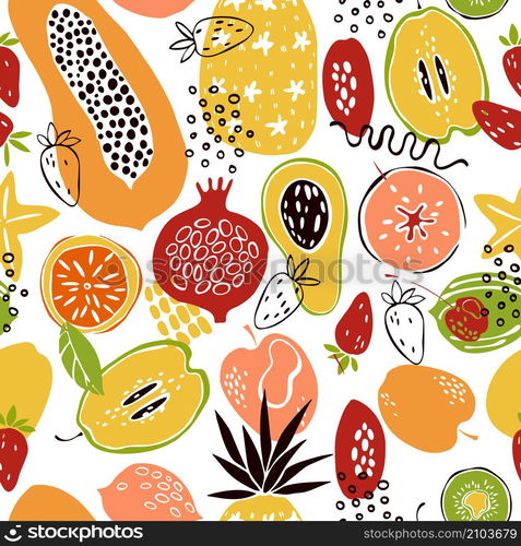 Hand drawn fruits on white background. Vector seamless pattern.. Hand drawn fruits. Vector pattern.