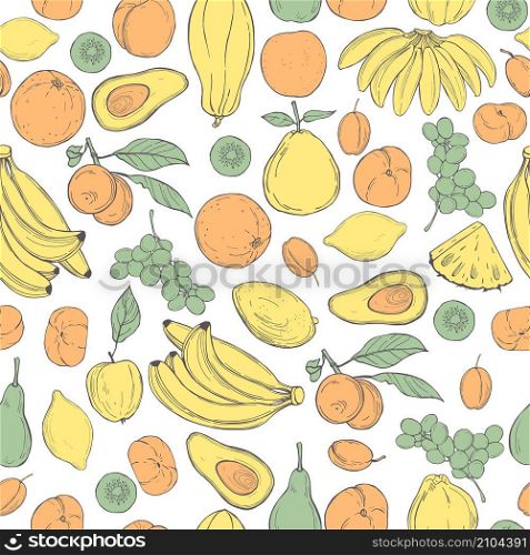 Hand drawn fruits on white background. Vector seamless pattern.. Hand drawn fruits. Vector pattern.