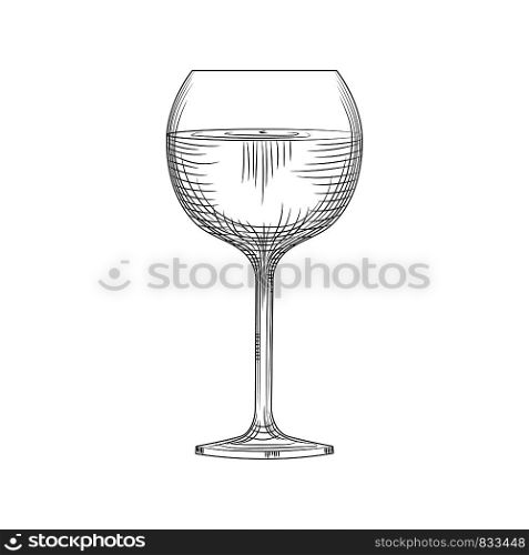 Hand drawn full wine glass sketch. Engraving style. Vector illustration isolated on white background.. Hand drawn full wine glass sketch. Engraving style.