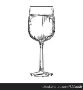 Hand drawn full wine glass sketch. Vector illustration isolated on white background. Engraving style.. Hand drawn full wine glass sketch. illustration isolated on white background. Engraving style.