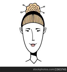 Hand-drawn funny character, young woman face, vector illustration, doodle people face