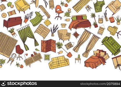 Hand drawn furniture, curtains, lamps and plants for the home. Vector background.. Furniture for the home. Vector background.