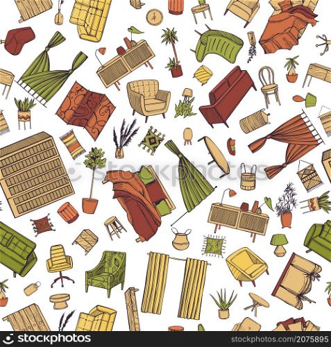 Hand drawn furniture, curtains, lamps and plants for the home. Vector seamless pattern.. Furniture for the home. Vector pattern