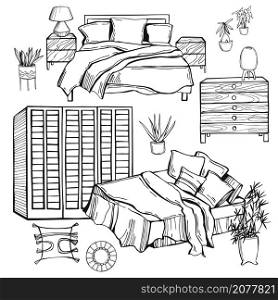 Hand drawn furniture, lamps and plants for bedroom. Vector background.. Furniture, lamps and plants for bedroom.
