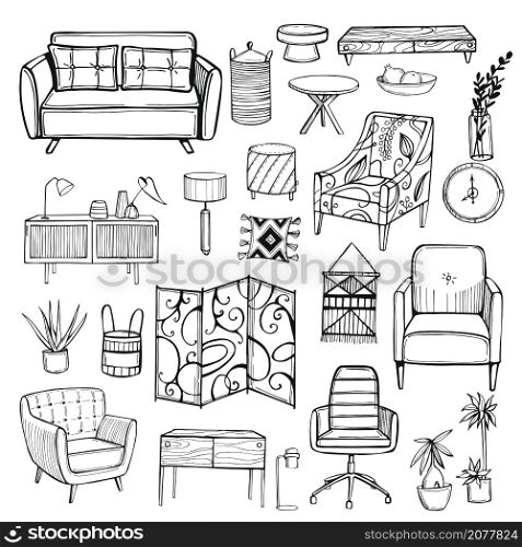 Hand drawn furniture, lamps and plants for the home. Vector background.. Furniture, lamps and plants for the home.