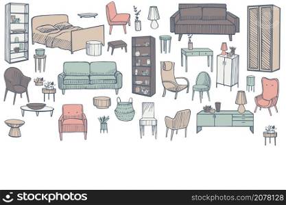Hand drawn furniture, lamps and plants for the home. Vector background.. Furniture, lamps and plants for the home.