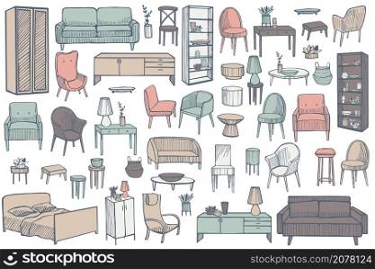 Hand drawn furniture, lamps and plants for the home. Vector set. Sketch illustration.. Furniture, lamps and plants for the home.