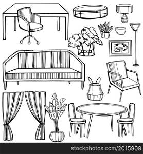 Hand drawn furniture, lamps and plants for the home. Vector sketch illustration.