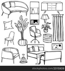 Hand drawn furniture, lamps and plants for the home. Vector sketch illustration.