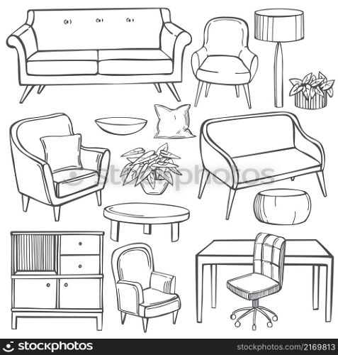 Hand-drawn furniture, lamps and plants for the home. Vector sketch illustration.. Furniture for the home. Sketch illustration.