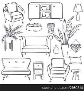Hand-drawn furniture, lamps and plants for the home. Vector sketch illustration.. Furniture for the home. Sketch illustration.