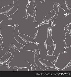 Hand drawn gannet. Vector seamless pattern