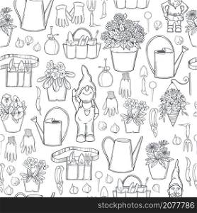 Hand drawn garden flowers and gnomes on white background. Vector seamless pattern. . Garden flowers and gnomes . Vector pattern.