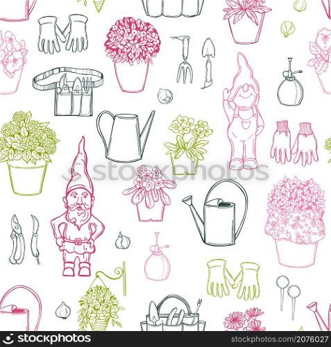 Hand drawn garden flowers and gnomes on white background. Vector seamless pattern. . Garden flowers. Vector pattern.
