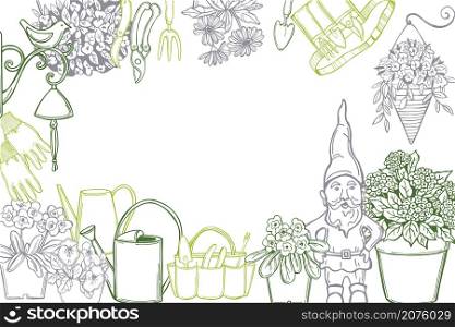Hand drawn garden flowers and gnomes . Vector background. Sketch illustration.. Garden flowers and gnomes . Vector background.