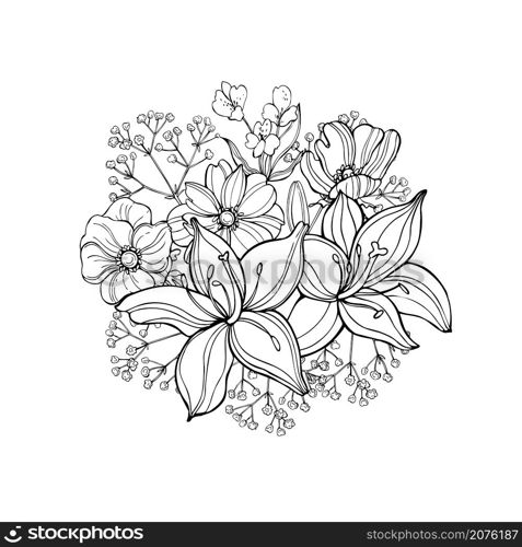 Hand drawn garden flowers.Vector sketch illustration.. Garden flowers.Vector illustration.