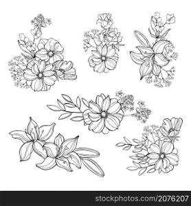 Hand drawn garden flowers.Vector sketch illustration.. Garden flowers.Vector illustration.