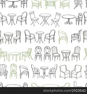 Hand drawn garden furniture. Tables and chairs. Vector seamless pattern.. Tables and chairs. Vector seamless pattern.