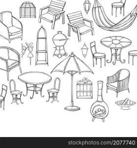 Hand drawn garden furniture. Vector background. Sketch illustration.. Garden furniture. Vector illustration.