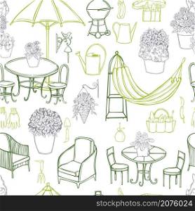 Hand drawn garden furniture. Vector seamless pattern. . Garden furniture. Vector pattern.