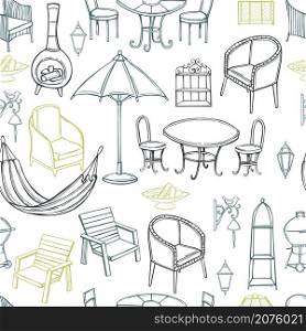 Hand drawn garden furniture. Vector sketch illustration.. Garden furniture. Vector illustration.