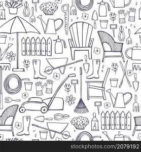 Hand drawn garden tools and furniture. Vector seamless pattern