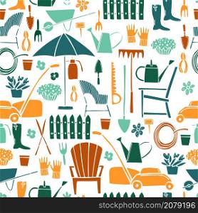 Hand drawn garden tools and furniture. Vector seamless pattern