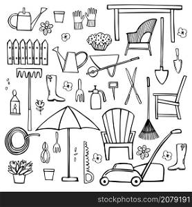 Hand drawn garden tools and furniture.Vector sketch illustration. . Hand drawn garden tools and furniture.Vector sketch illustration.
