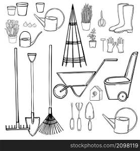 Hand drawn garden tools. Vector sketch illustration.. Garden tools. Vector sketch illustration.