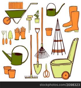 Hand drawn garden tools. Vector sketch illustration.. Garden tools. Vector sketch illustration.