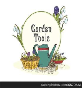 Hand drawn gardening tools emblem with watering can green saplings and seedlings vector illustration