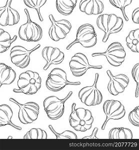 Hand drawn garlic on white background. Vector seamless pattern. Vector seamless pattern with garlic