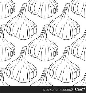 Hand drawn garlic seamless pattern on white background. Bulb of garlic wallpaper. Engraving vintage style. Vector illustration. Hand drawn garlic seamless pattern. Bulb of garlic wallpaper.