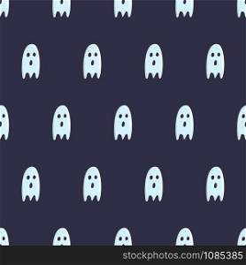 Hand drawn ghost character seamless pattern for fabric, wallpaper, wrapping paper. Halloween night celebration. Creepy spirit. Vector background design on blue backdrop.. Hand drawn ghost character seamless pattern