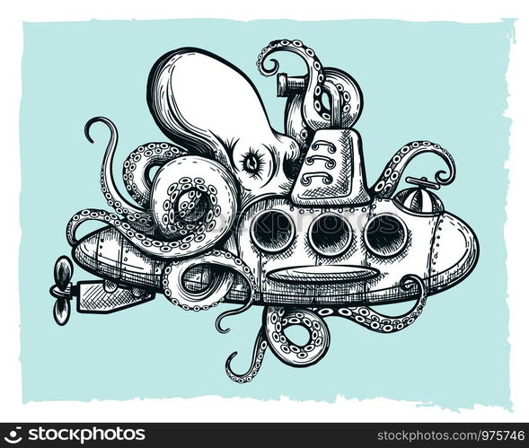 Hand drawn Giant octopus plays with a submarine. Vector illustration.