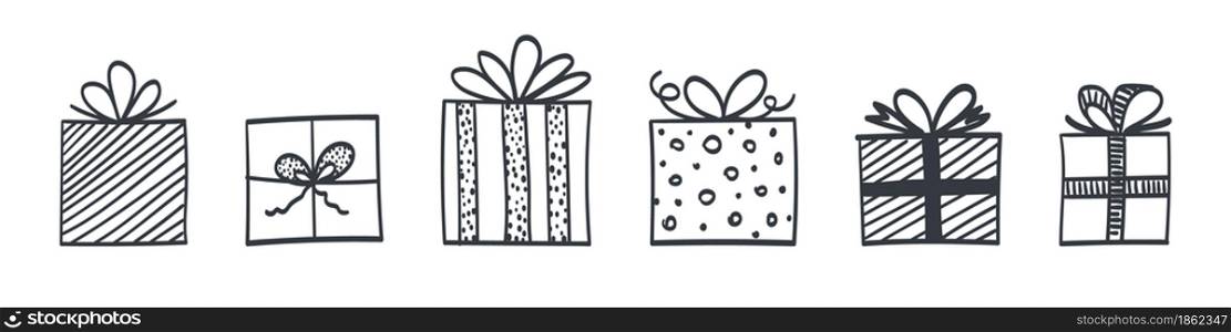 Hand drawn gift boxes icons. Gift boxes in the drawn style with different textures. Vector illustration