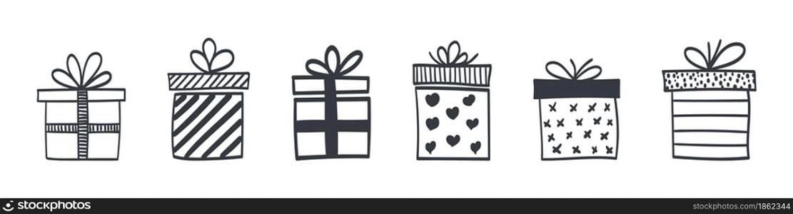 Hand drawn gift boxes. Set of gift boxes in the drawn style. Vector illustration
