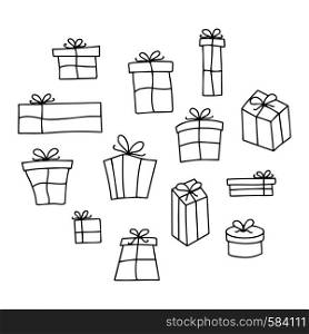 Hand drawn gift boxes set on a white background. Christmas presents. Birthday gift boxes.