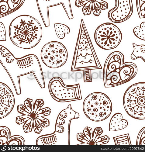 Hand-drawn ginger cookies. Vector seamless pattern. Vector pattern with ginger cookies.